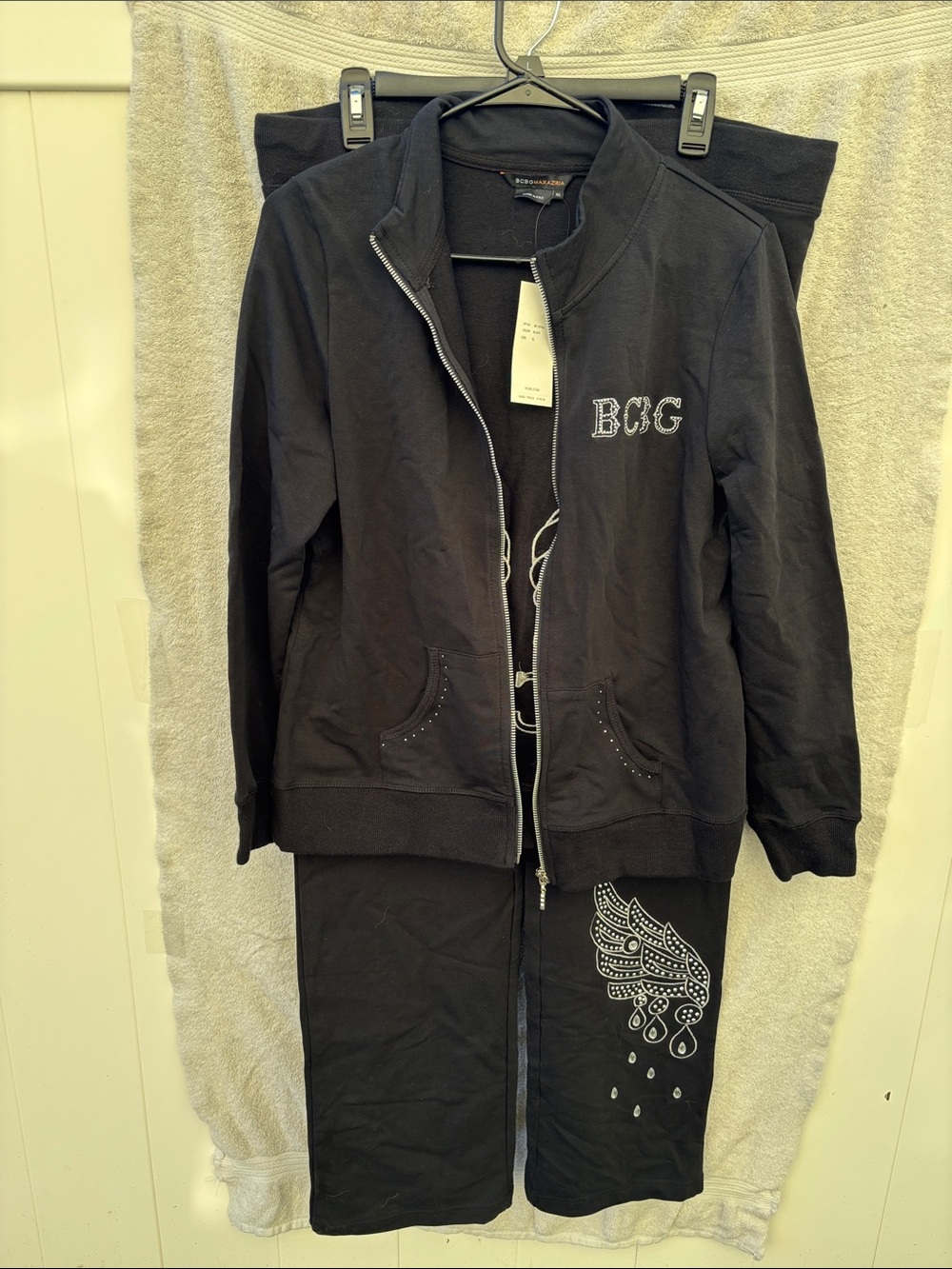 BCBG Black Embellished Zip Jacket and Pant Set